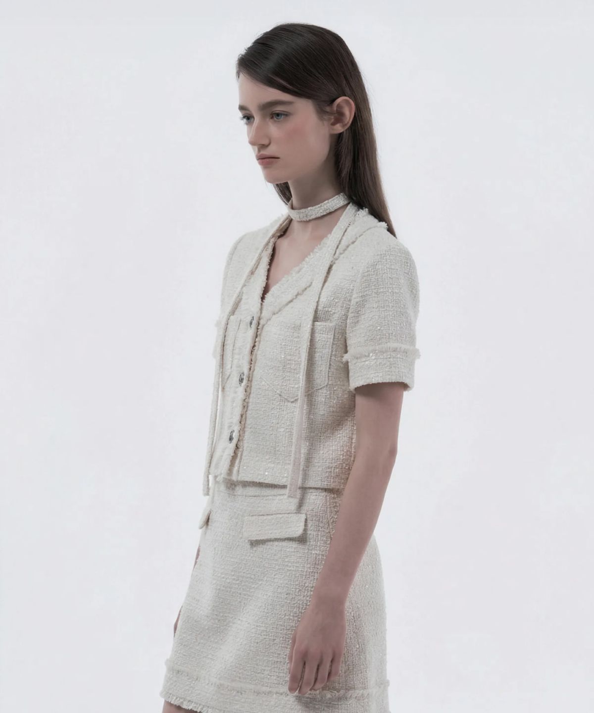 마우솔레움(MAU SOLEUM) Fringed Tweed String Half-Sleeve Jacket - Tweed Ivory