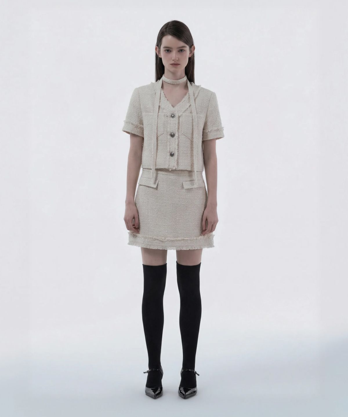 마우솔레움(MAU SOLEUM) Fringed Tweed String Half-Sleeve Jacket - Tweed Ivory