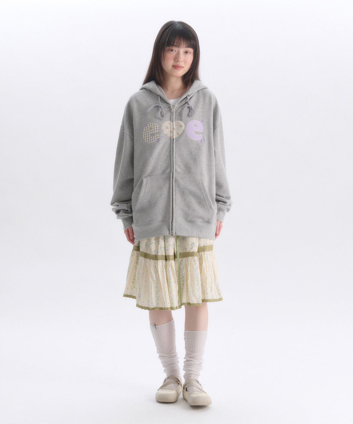 엠블러(AMBLER) Check Flower 자수 집업 후드 집업 자켓 AZIP901 (멜란지)