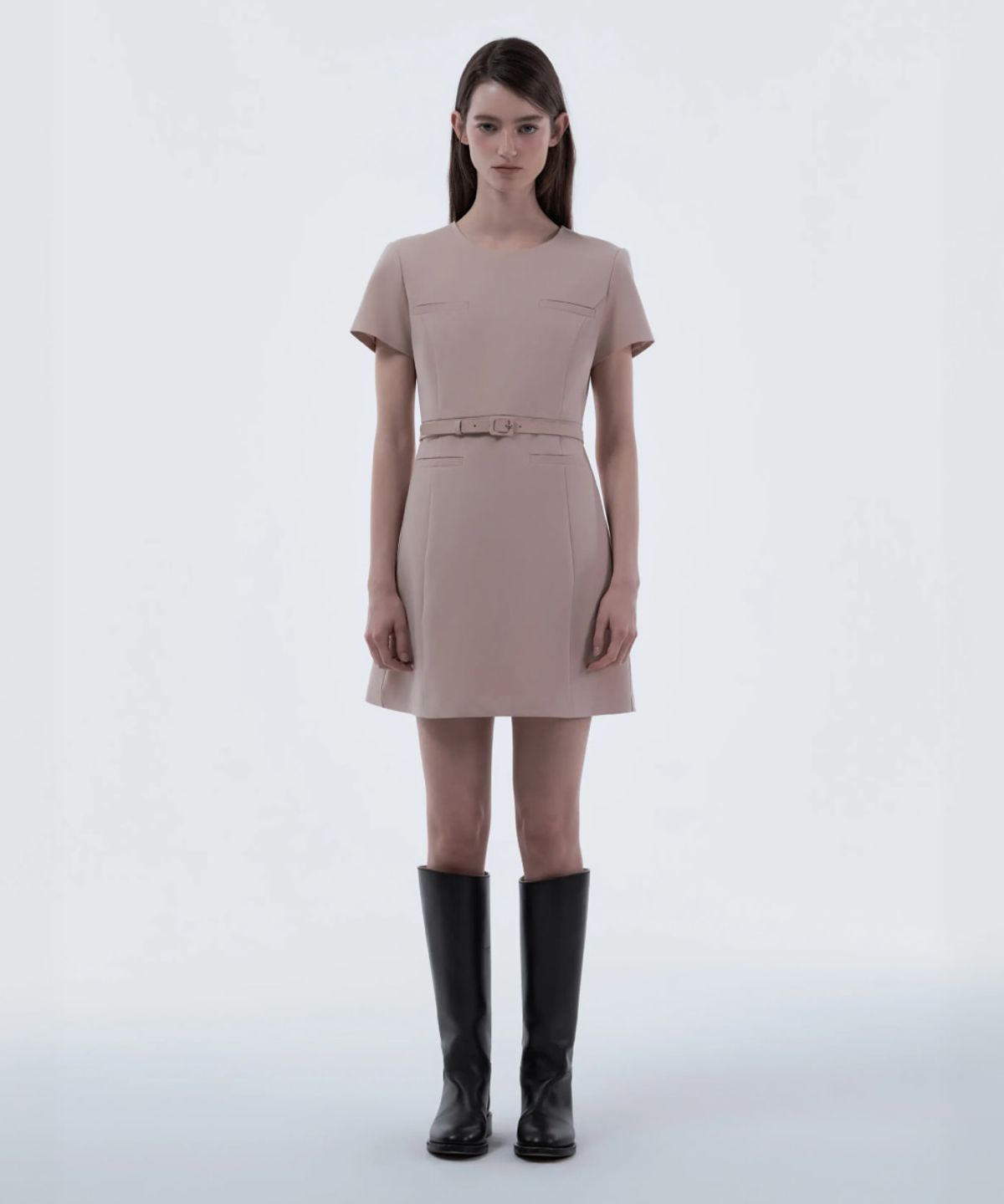 마우솔레움(MAU SOLEUM) Belted Round Neck Suit Dress - Pink