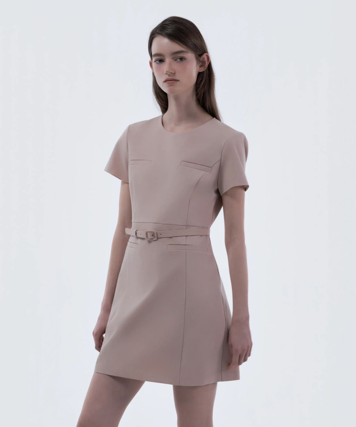 마우솔레움(MAU SOLEUM) Belted Round Neck Suit Dress - Pink