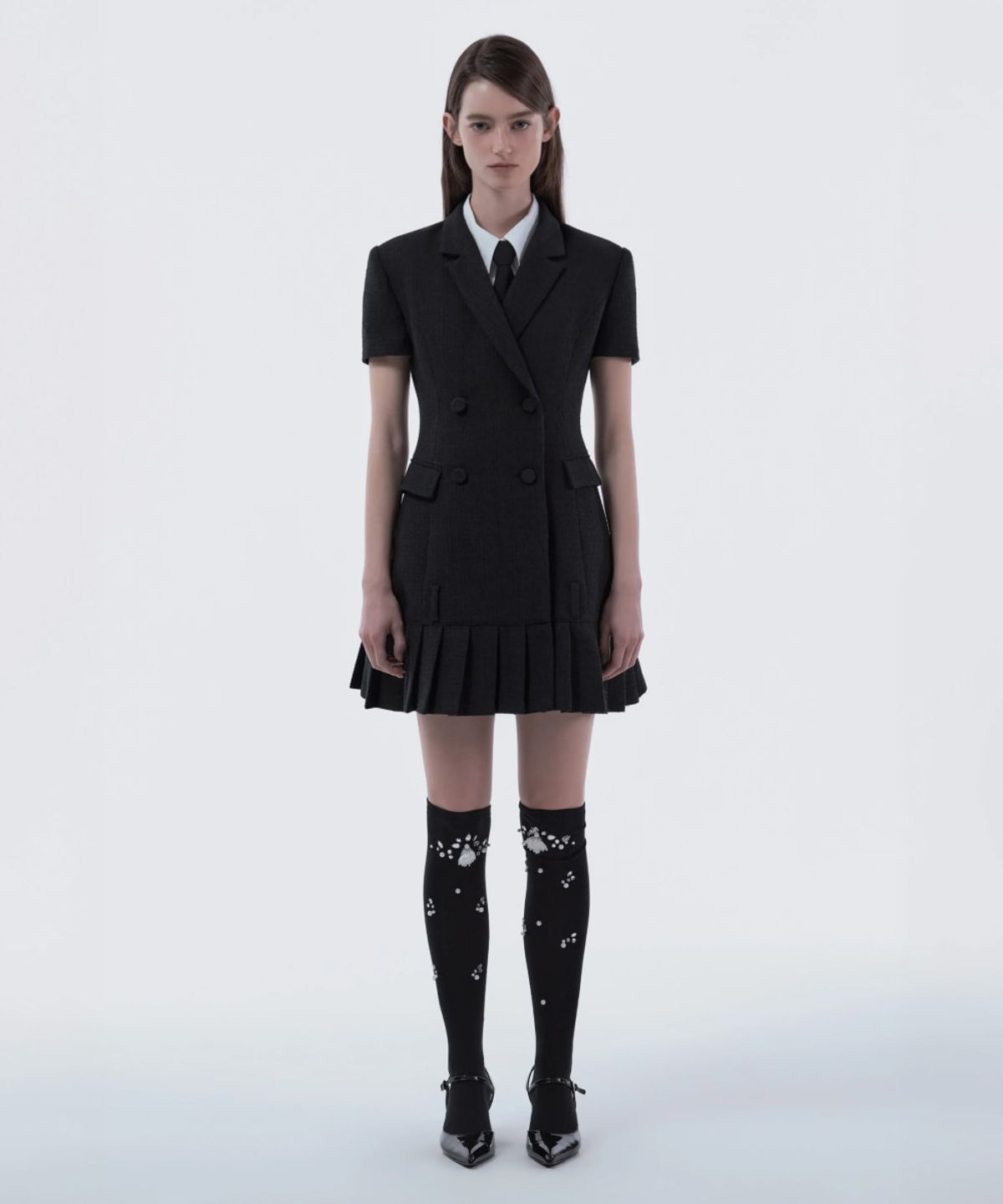 마우솔레움(MAU SOLEUM) Jenn Pleated Half-Sleeve Suit Jacket Dress - Tweed Black