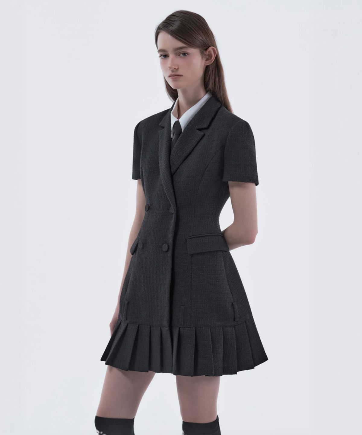 마우솔레움(MAU SOLEUM) Jenn Pleated Half-Sleeve Suit Jacket Dress - Tweed Black