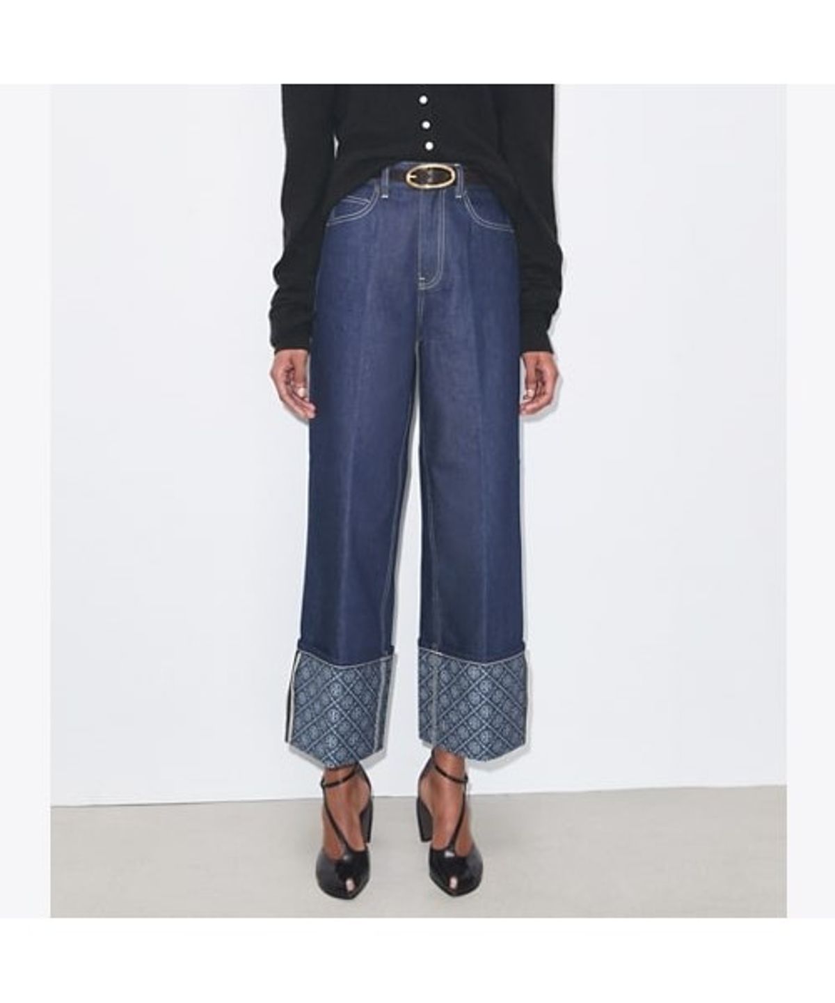 토리버치(TORYBURCH) 콘트라스트 커프 스트레이트 레그 진 - 로우 / 언워시드