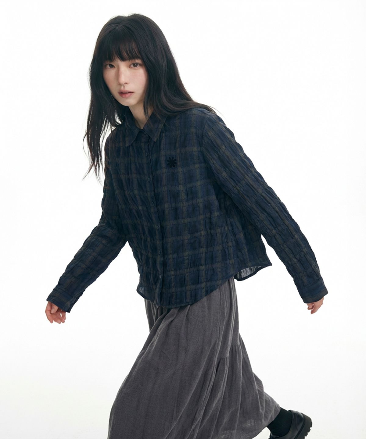 다미쉬(DAMISH) 시어서커 그런지 스판 체크 셔츠_네이비