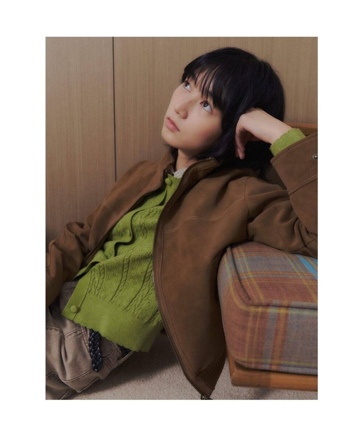에잇세컨즈(8SECONDS) 칼라 배색 스웨이드 블루종 아우터  옐로이시 브라운