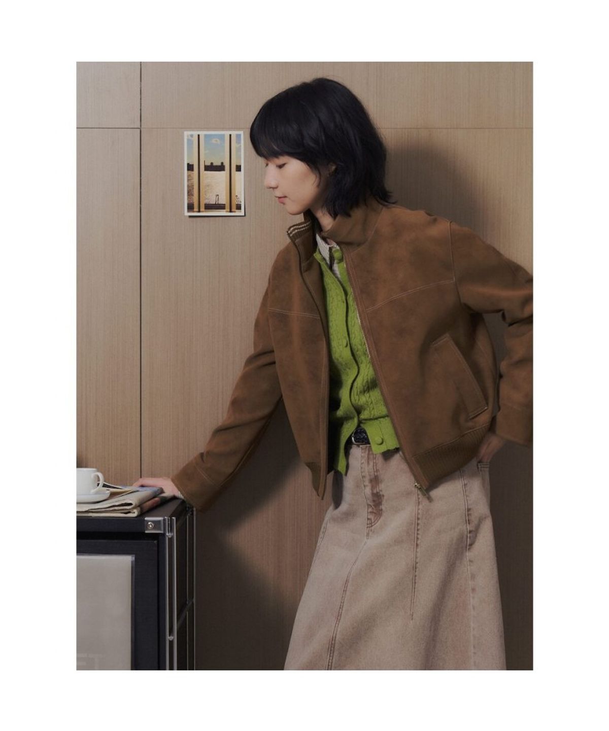 에잇세컨즈(8SECONDS) 칼라 배색 스웨이드 블루종 아우터  옐로이시 브라운