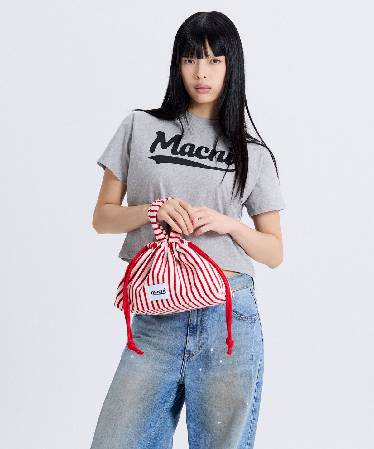 마크니(MACNI) TERRY STRING PUFFY BAG RED