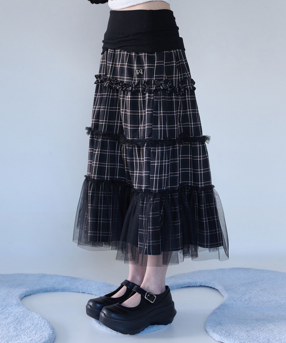 미레코(MIRECO) FOLDED CHECK FRILL MESH SK BLACK