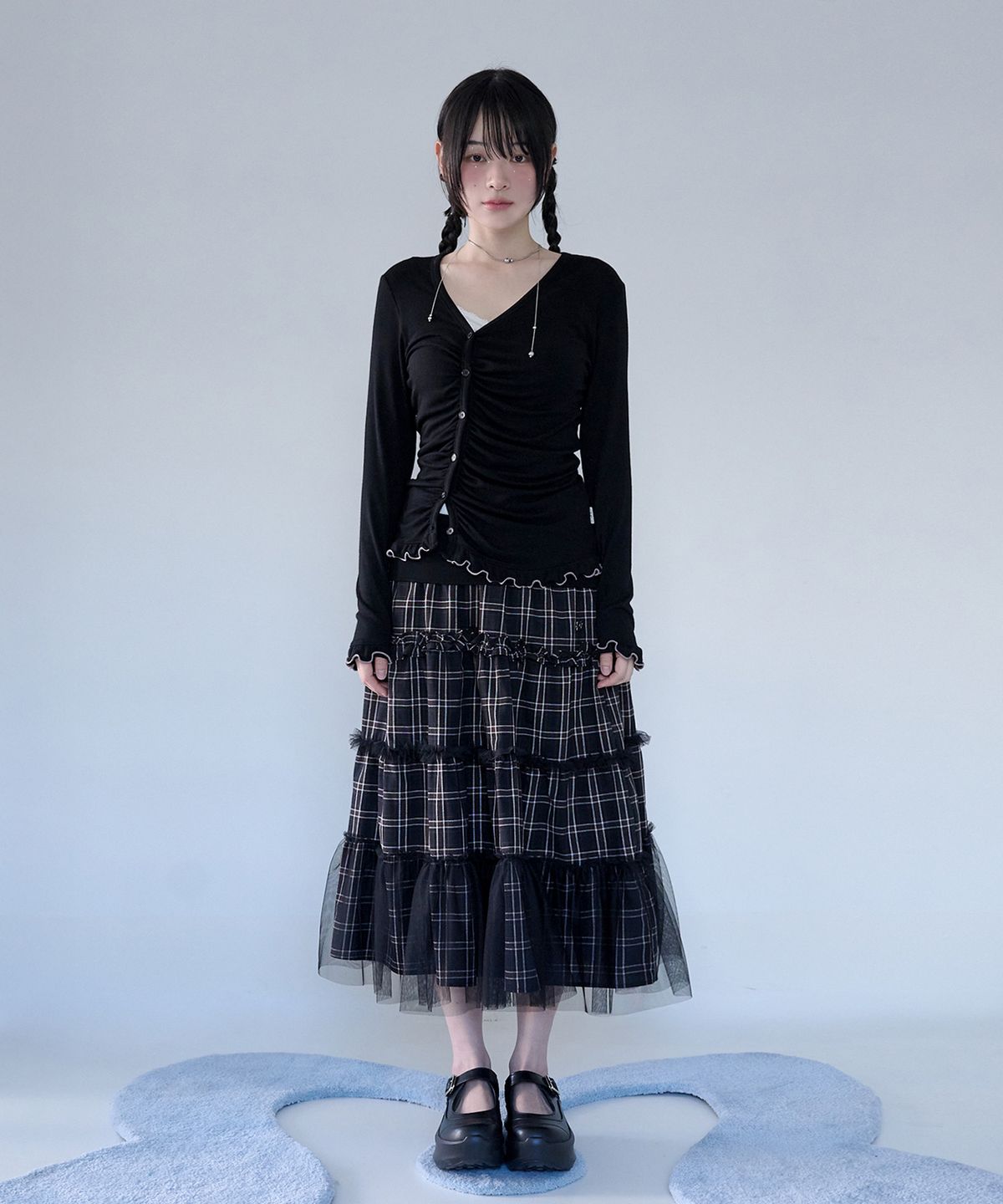 미레코(MIRECO) FOLDED CHECK FRILL MESH SK BLACK