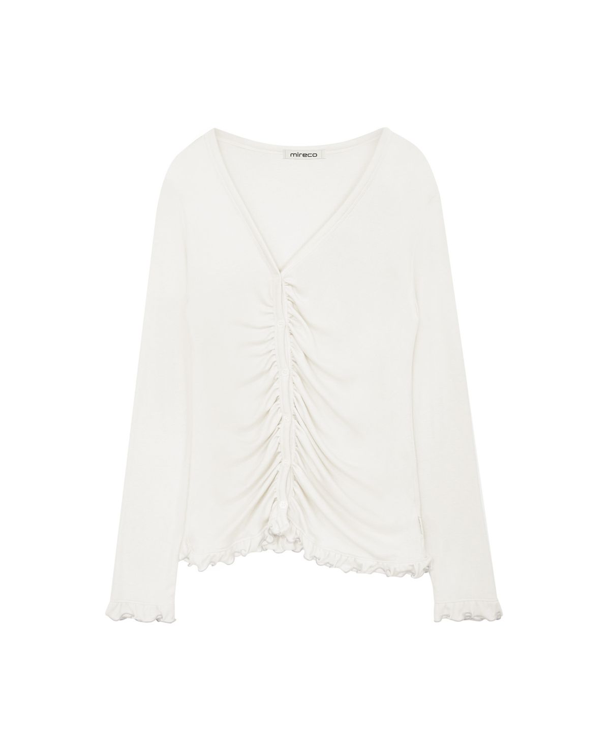 미레코(MIRECO) ASYMMETRIC SHIRRING LACE CARDIGAN DUSTY WHITE