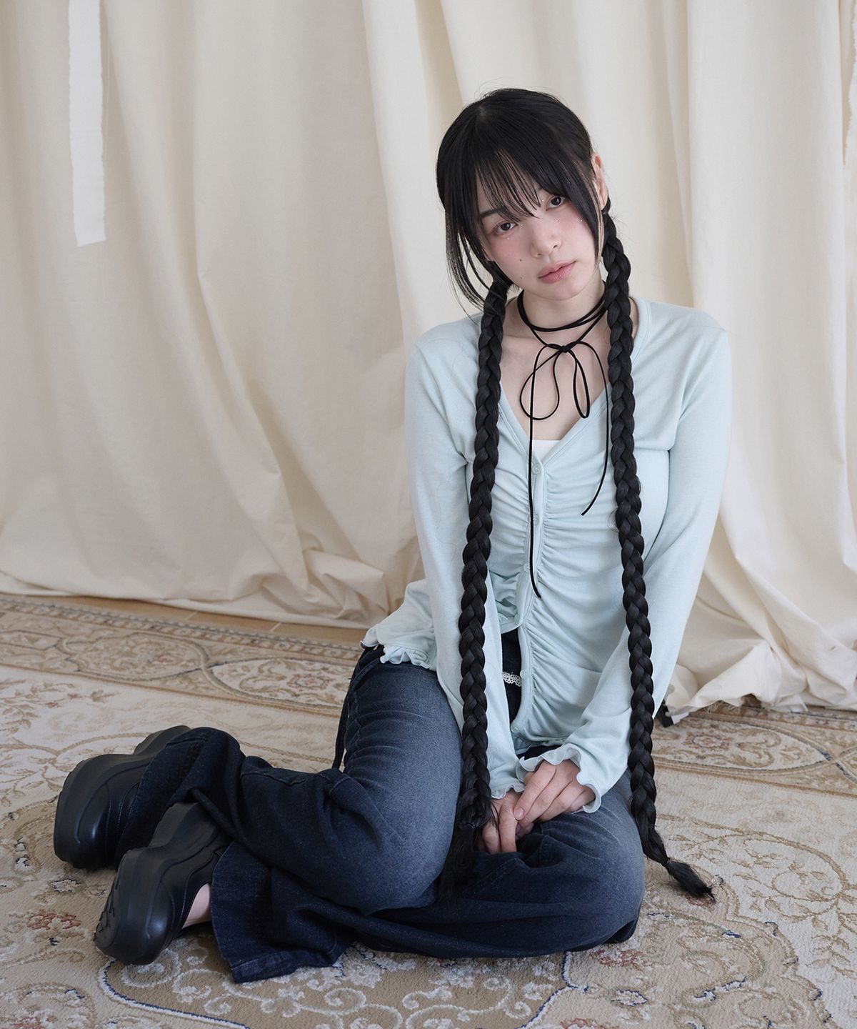미레코(MIRECO) ASYMMETRIC SHIRRING LACE CARDIGAN MINT