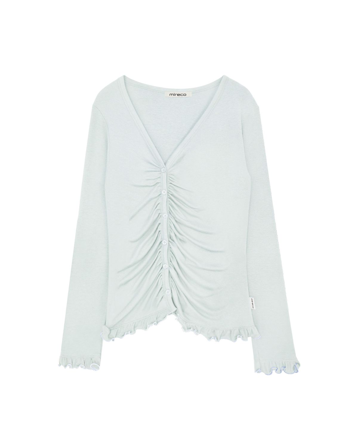 미레코(MIRECO) ASYMMETRIC SHIRRING LACE CARDIGAN MINT
