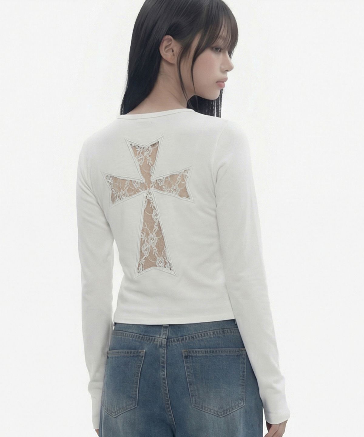그레이버(GRAVER) [UNISEX]LACE BACK CROSS U넥 롱슬리브_BLACK