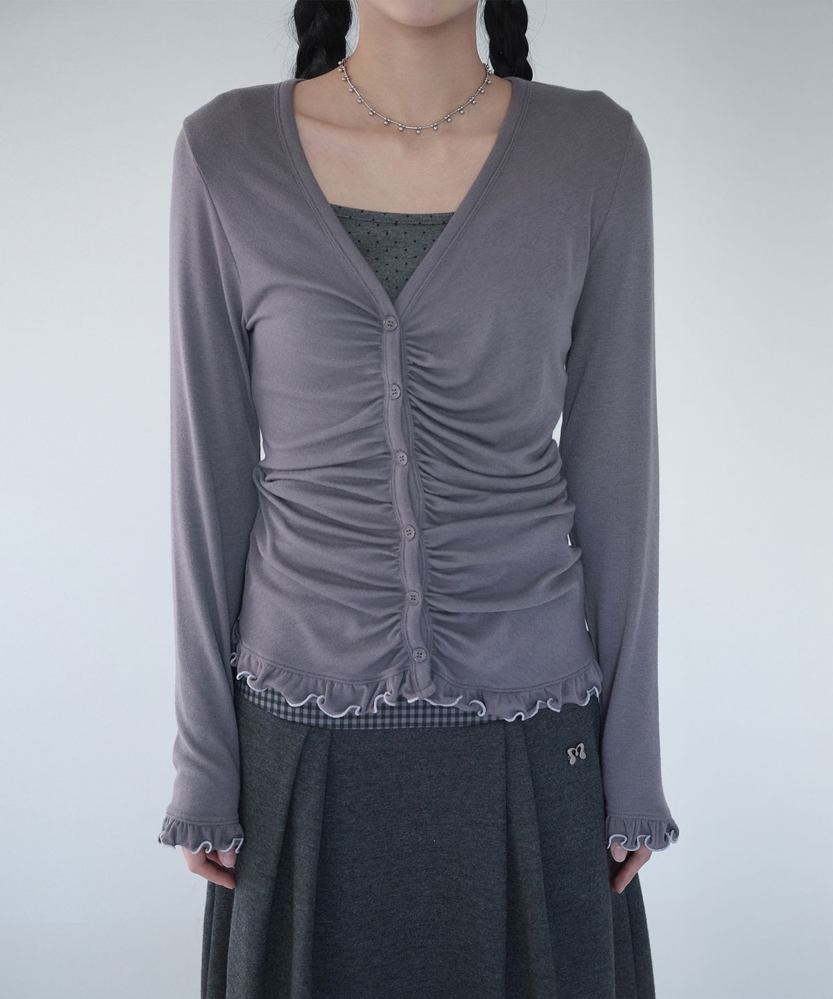 미레코(MIRECO) ASYMMETRIC SHIRRING LACE CARDIGAN SMOKE PURPLE