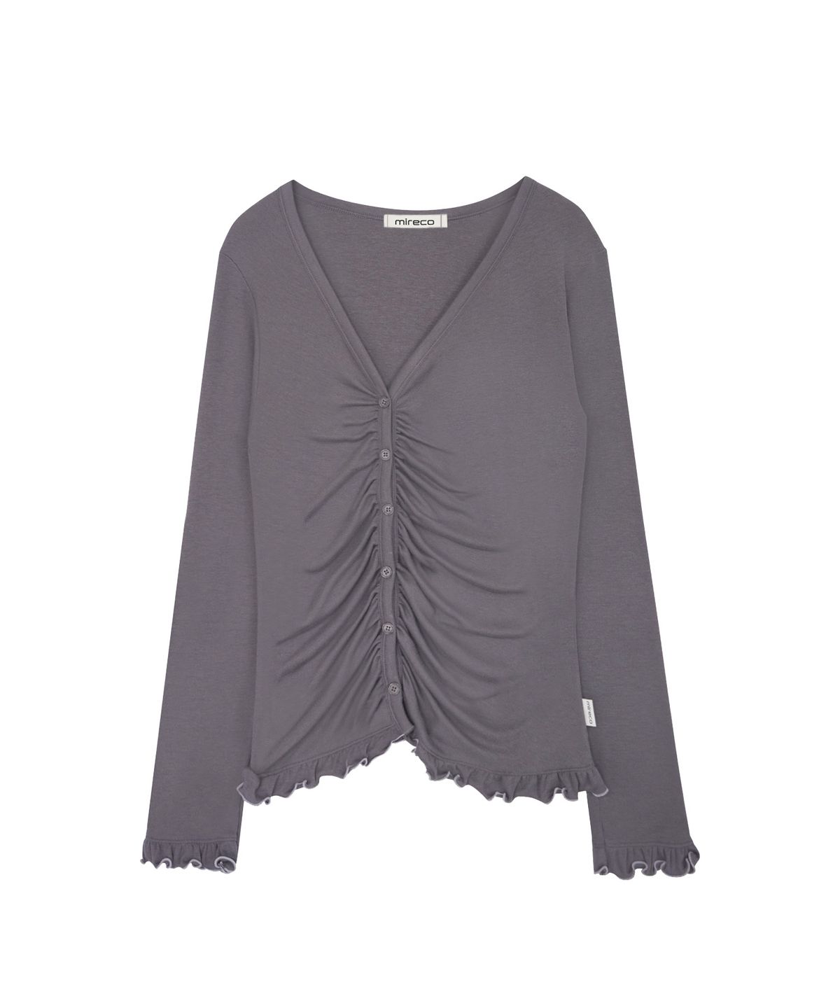 미레코(MIRECO) ASYMMETRIC SHIRRING LACE CARDIGAN SMOKE PURPLE