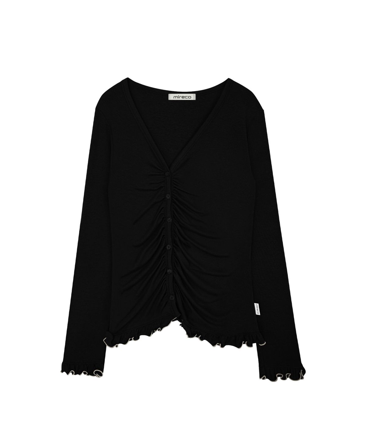 미레코(MIRECO) ASYMMETRIC SHIRRING LACE CARDIGAN BLACK