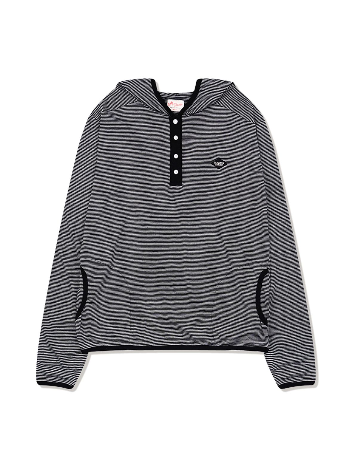 라 메종 스튜디오(LA MAISON STUDIO) MARK STRIPE HENLEY NECK LONG SLEEVE HOODIE BLACK(FCG1TS687M)