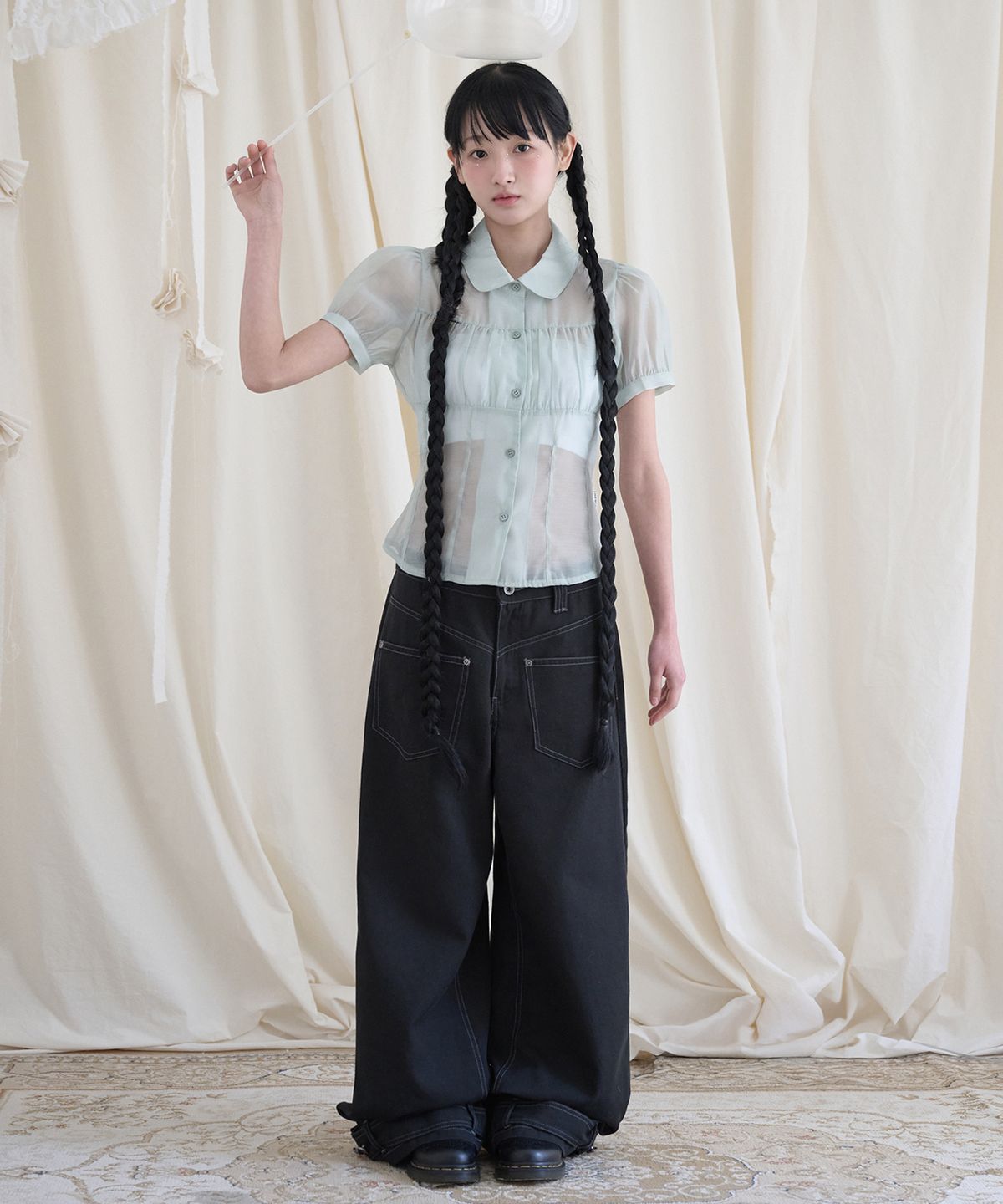 미레코(MIRECO) SHIRRING SHEER BLOUSE PISTACHIO