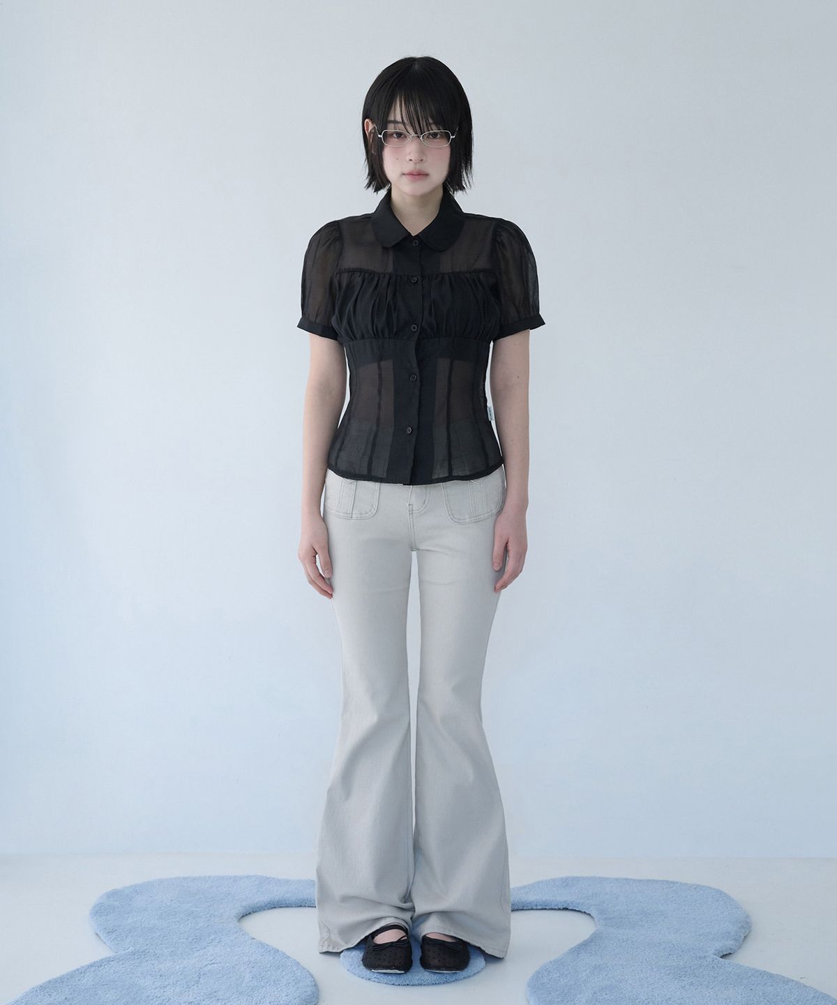 미레코(MIRECO) SHIRRING SHEER BLOUSE BLACK