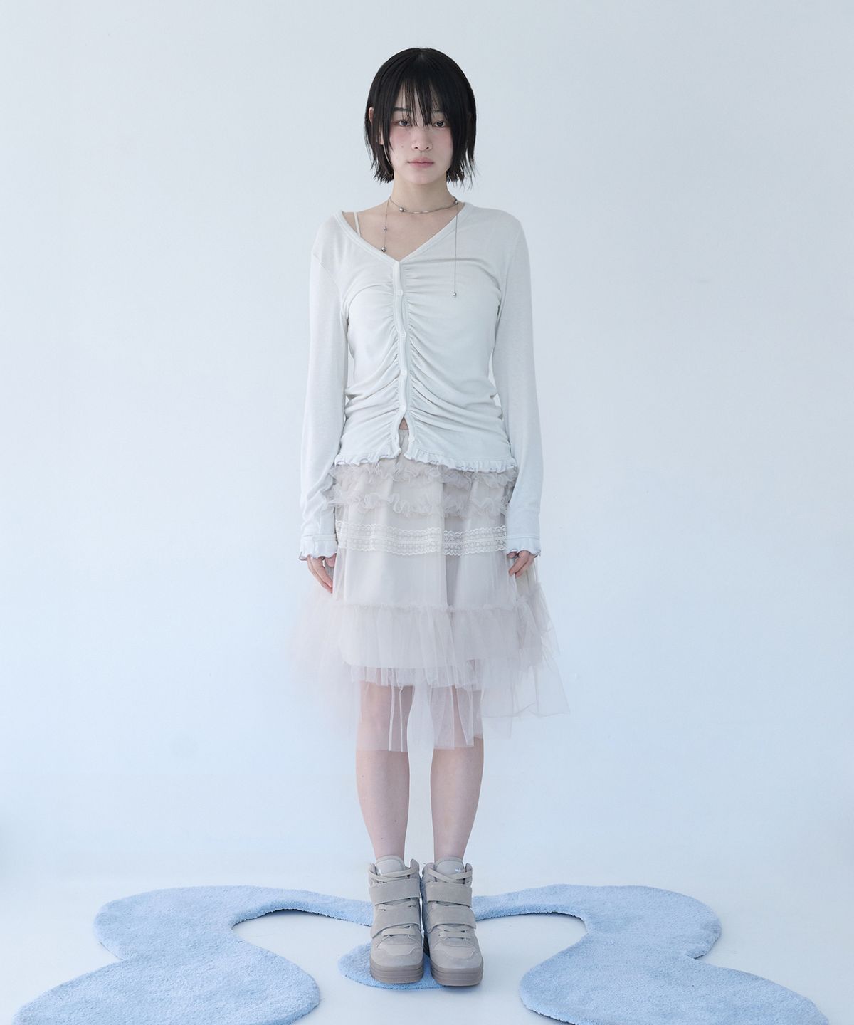 미레코(MIRECO) TULLE FRILL MIDI SKIRT SOFT BUTTER