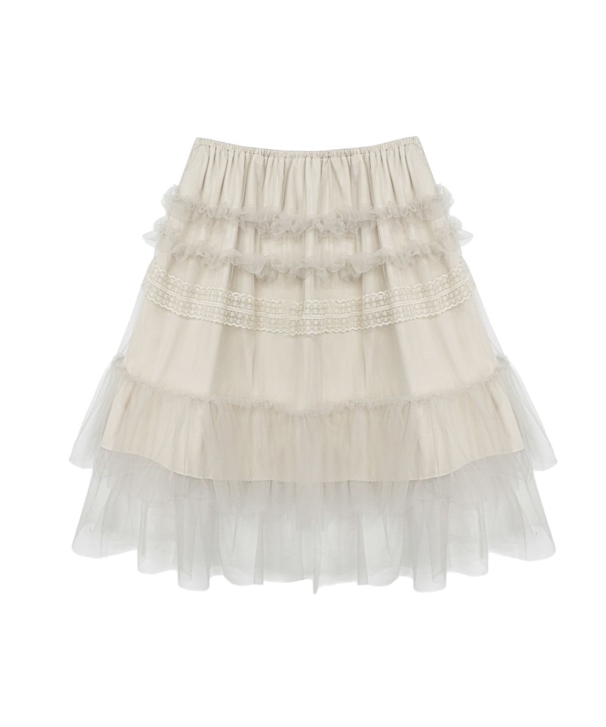 미레코(MIRECO) TULLE FRILL MIDI SKIRT SOFT BUTTER