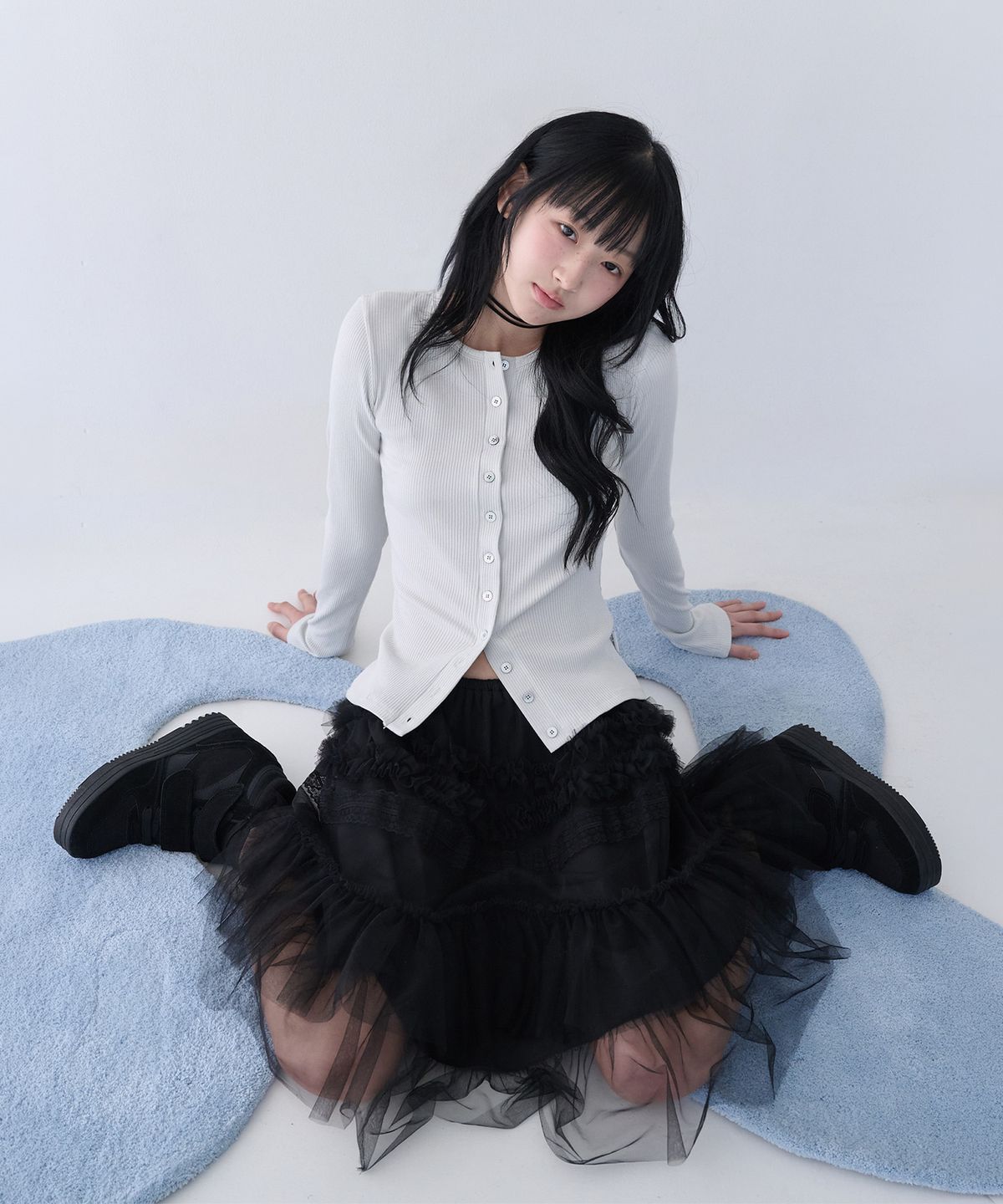 미레코(MIRECO) TULLE FRILL MIDI SKIRT BLACK