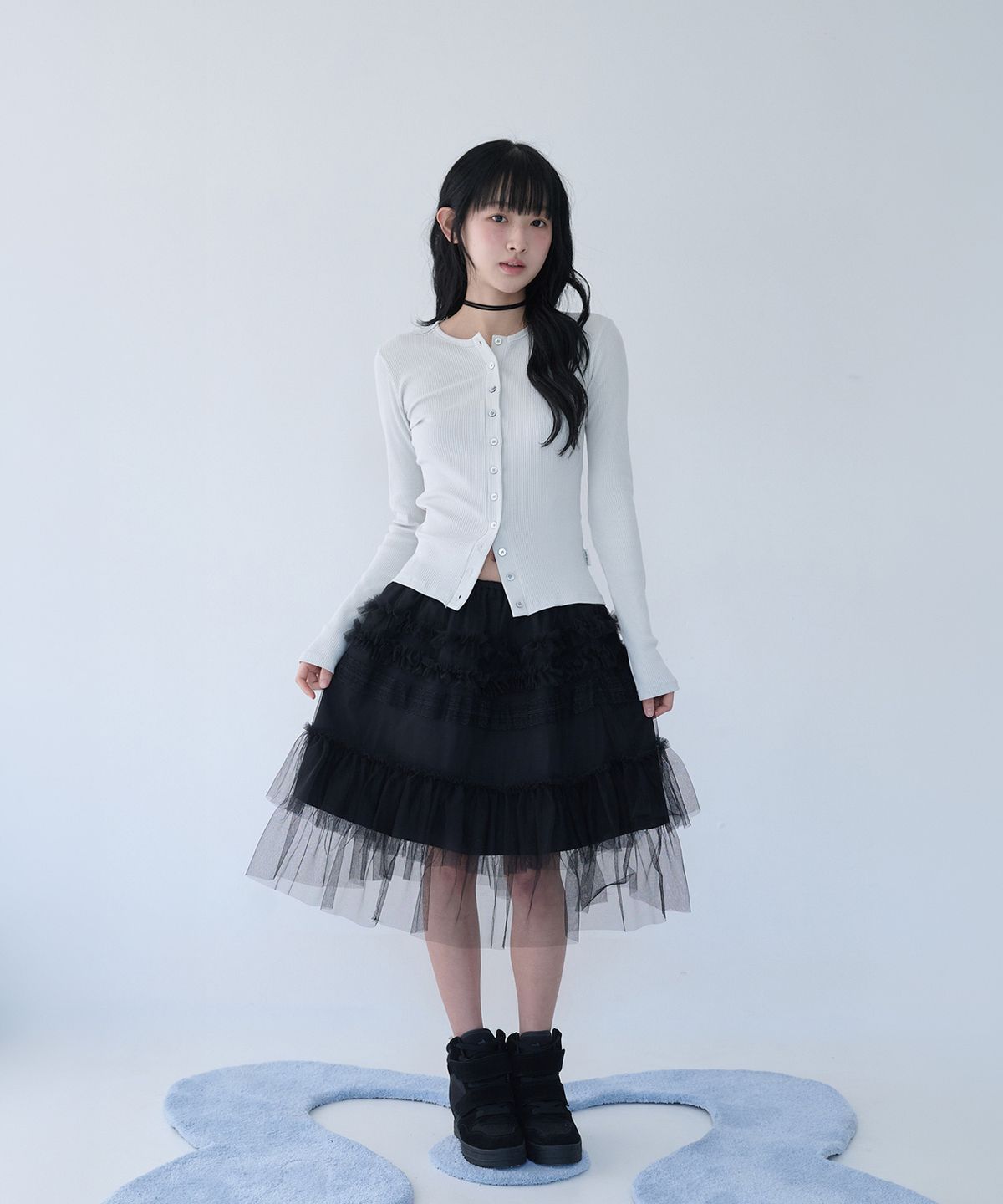 미레코(MIRECO) TULLE FRILL MIDI SKIRT BLACK