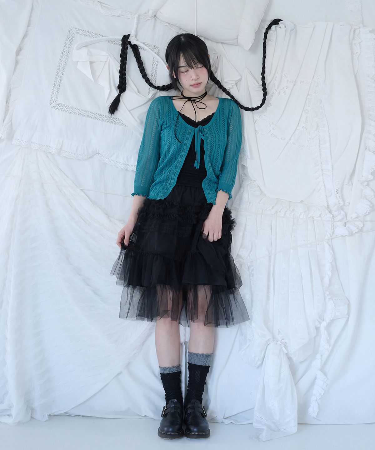 미레코(MIRECO) 3/4 LACE KNIT CARDIGAN TURQUOISE