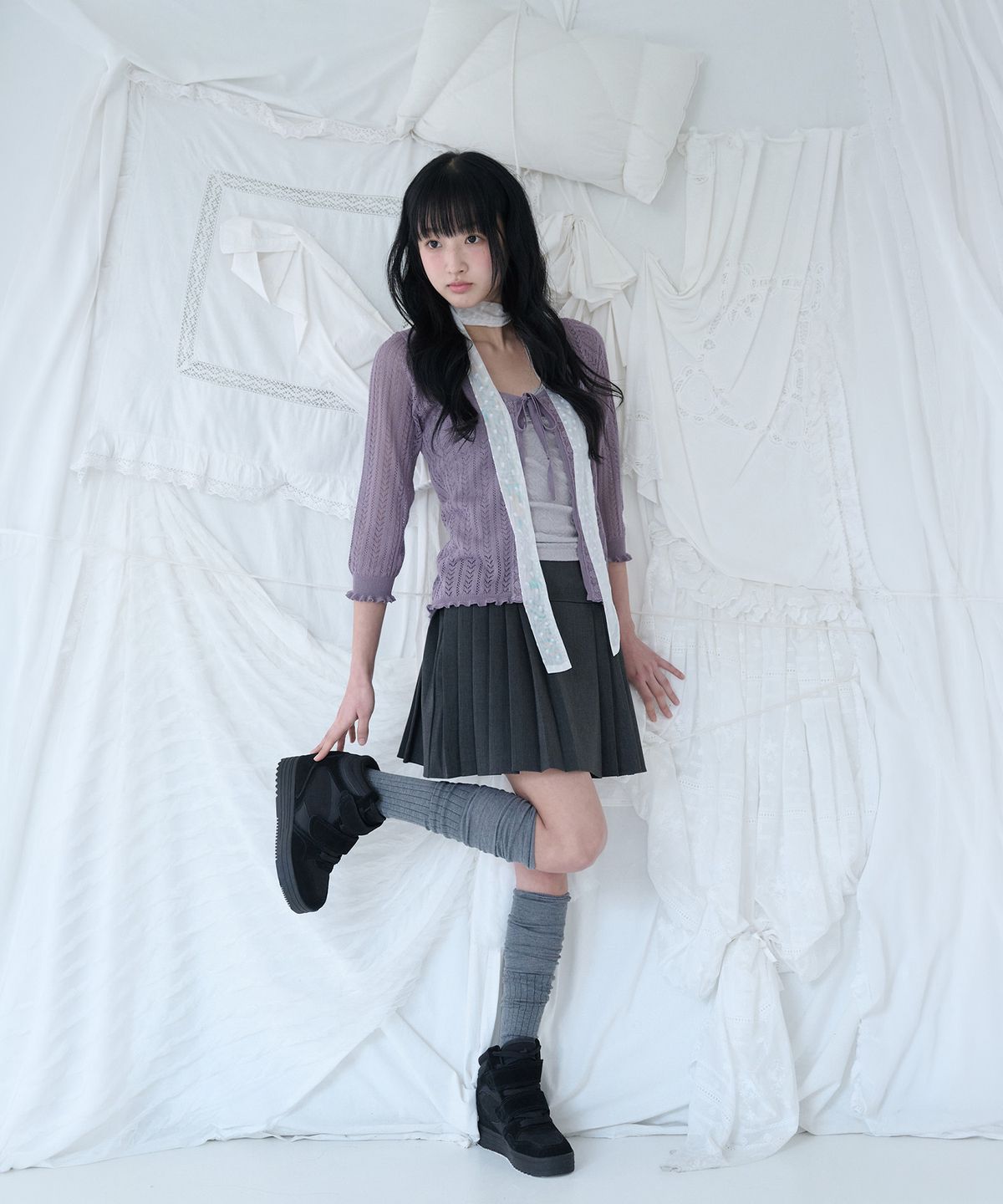 미레코(MIRECO) 3/4 LACE KNIT CARDIGAN GRAPE