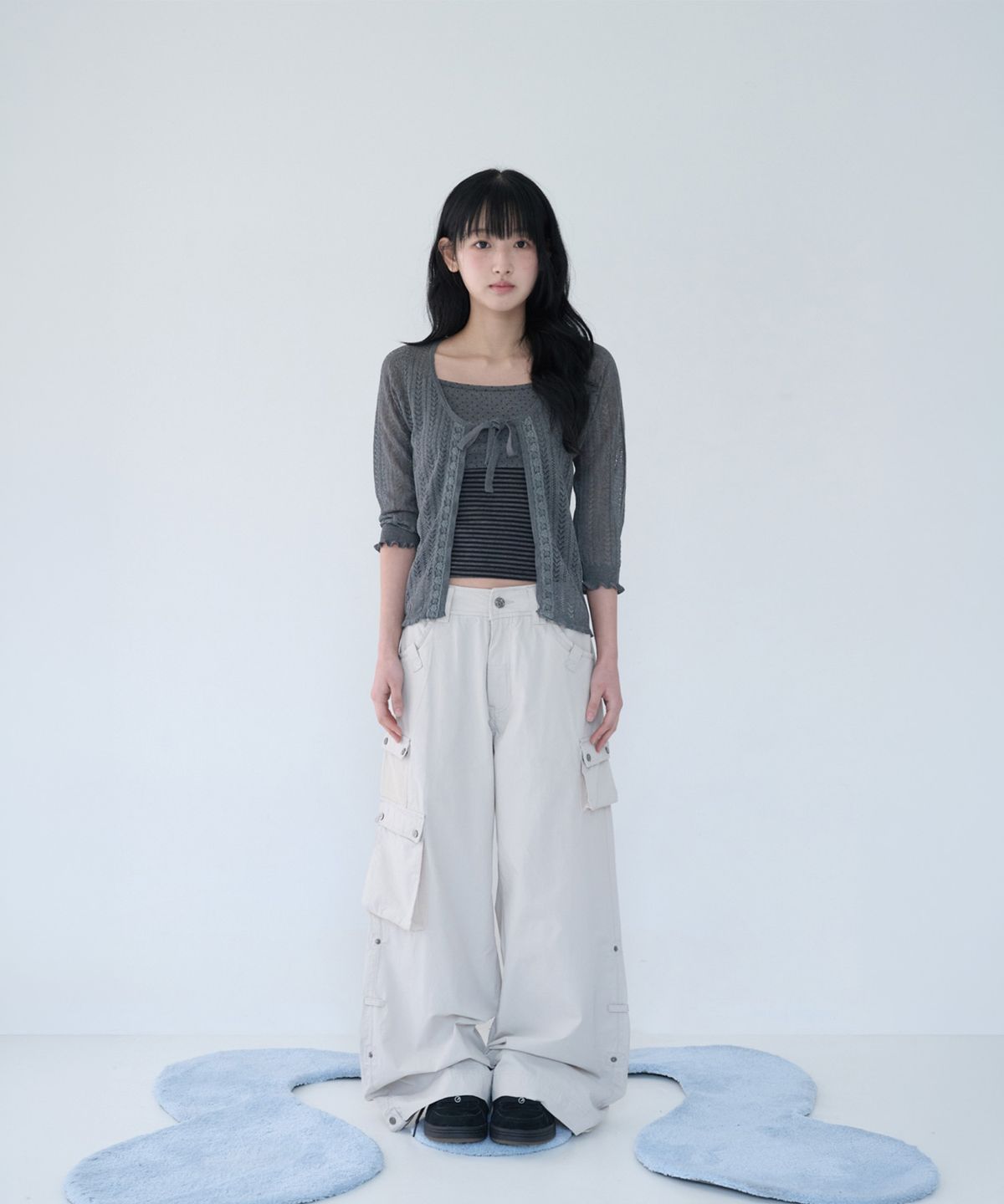 미레코(MIRECO) 3/4 LACE KNIT CARDIGAN CHARCOAL