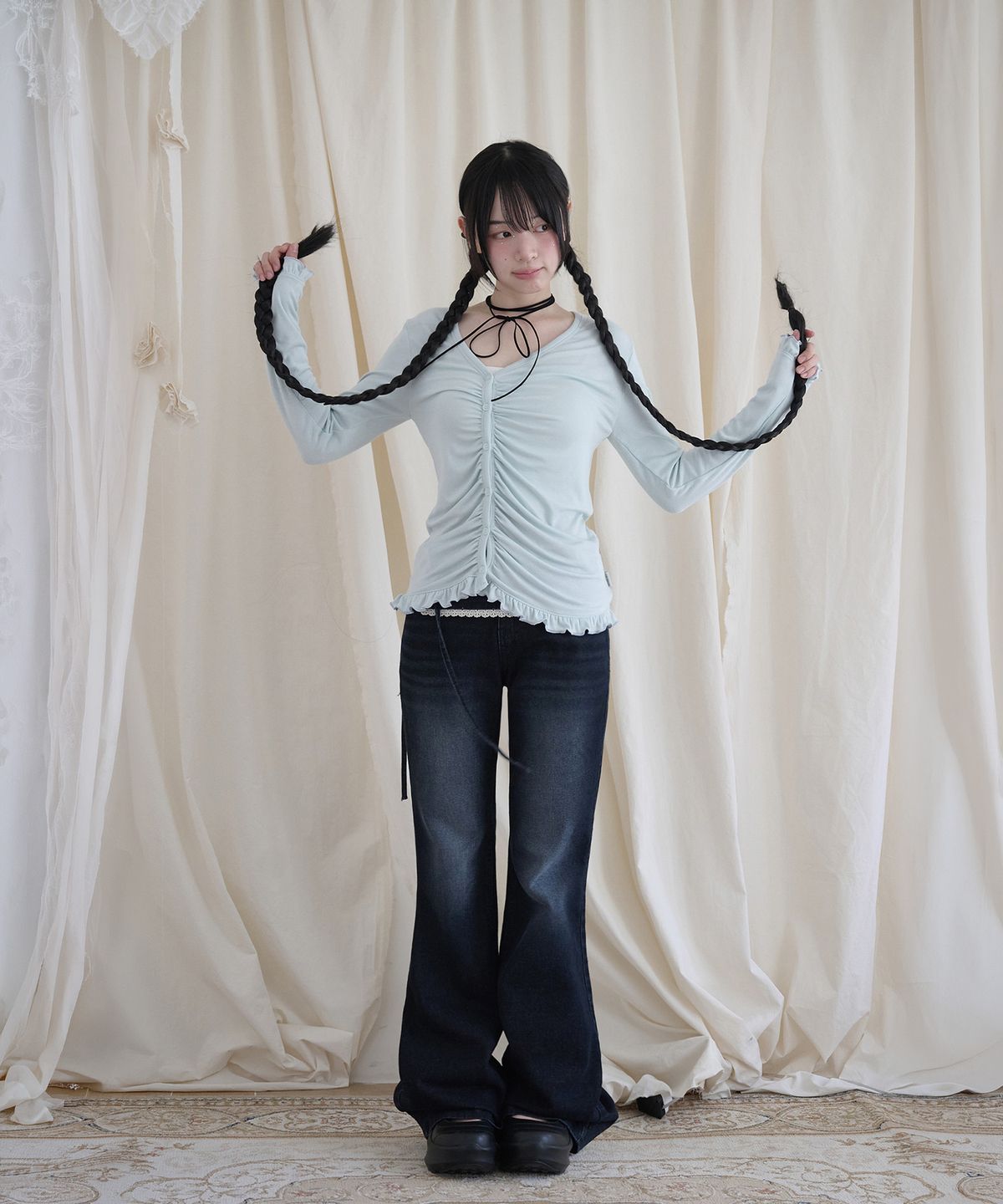 미레코(MIRECO) LAYERED LACE WRAP DENIM PT DARK BLUE