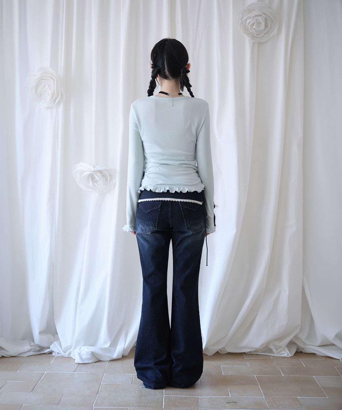 미레코(MIRECO) LAYERED LACE WRAP DENIM PT DARK BLUE