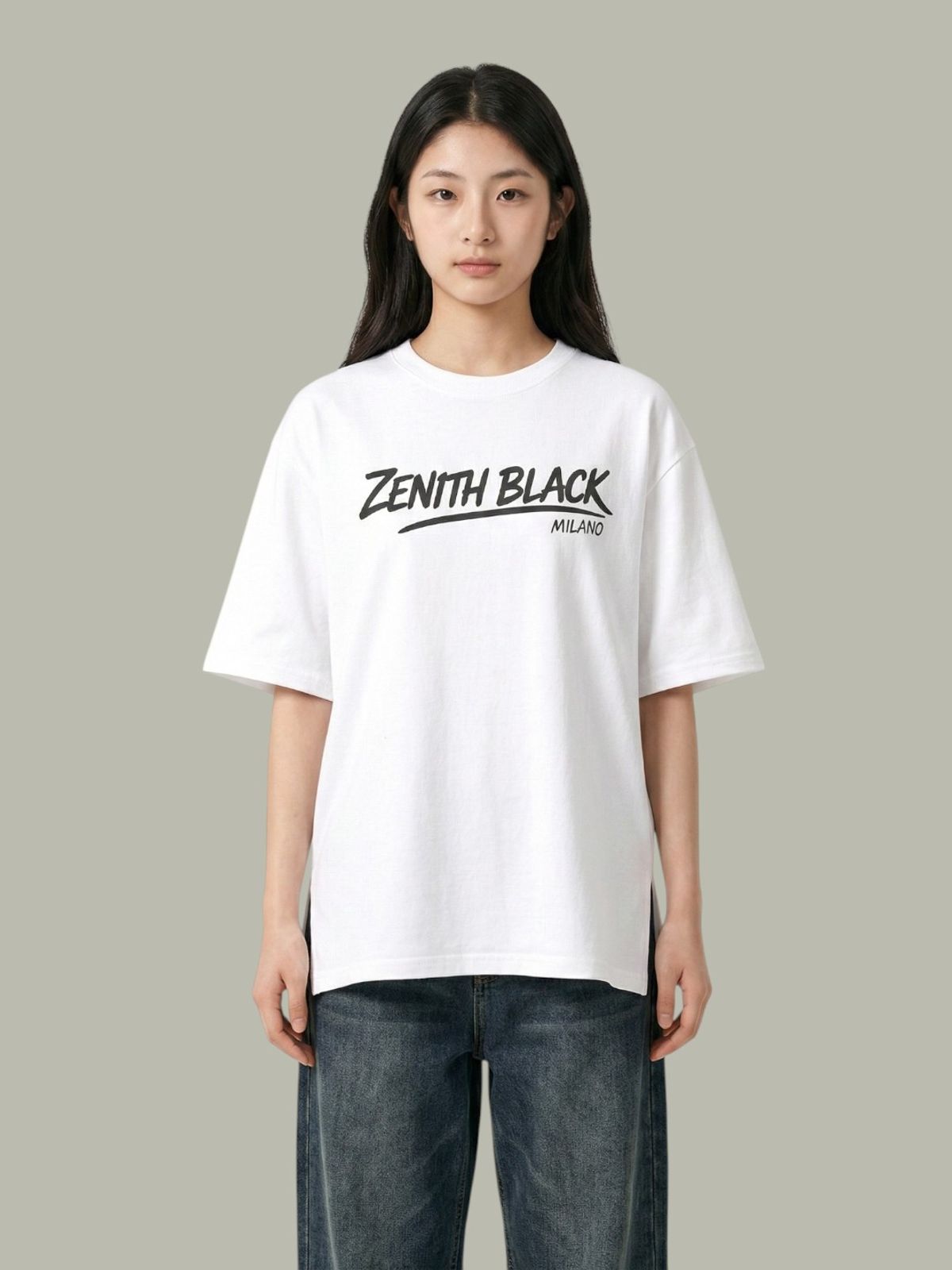 지블랙(ZBLACK) 제니스 블랙 언더라인 밀라노 오버핏 반팔  WHITE
