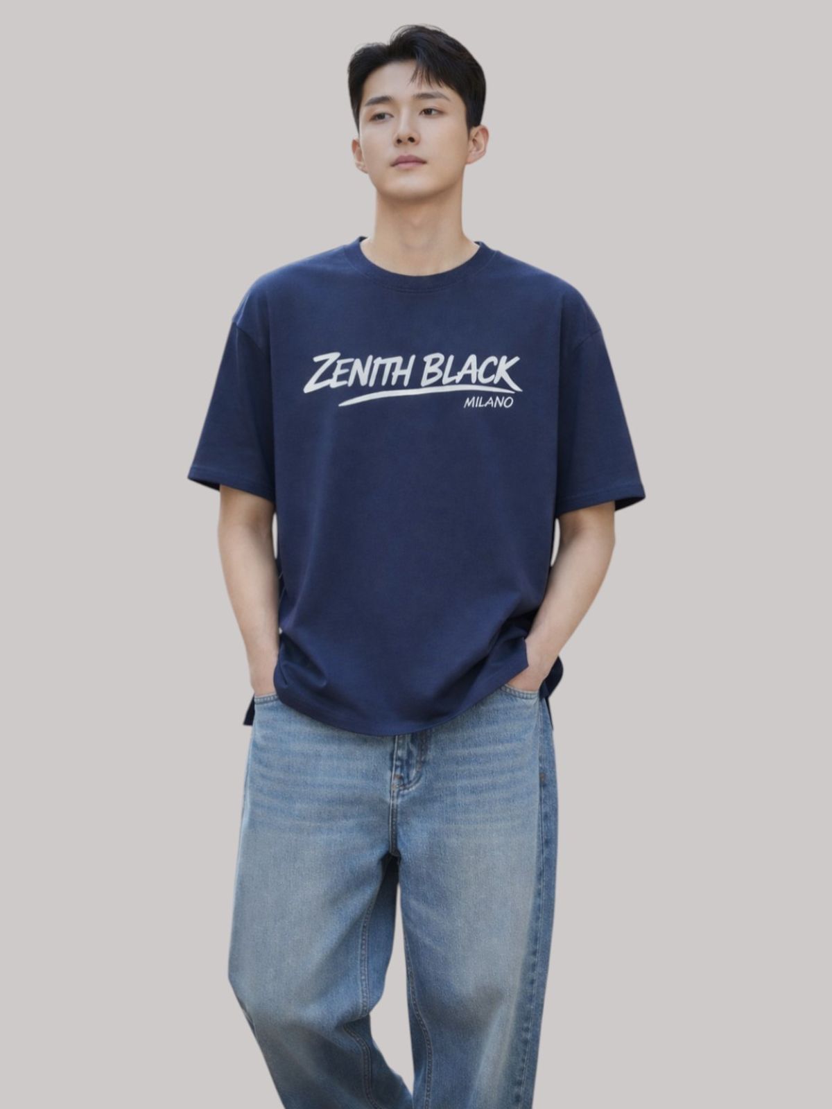 지블랙(ZBLACK) 제니스 블랙 언더라인 밀라노 오버핏 반팔 NAVY