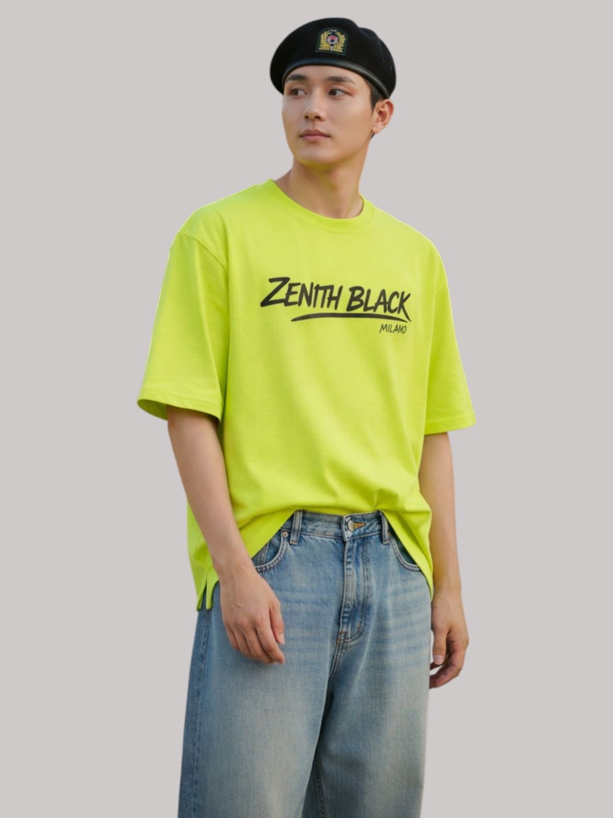 지블랙(ZBLACK) 제니스 블랙 언더라인 밀라노 오버핏 반팔 NEON YELLOW
