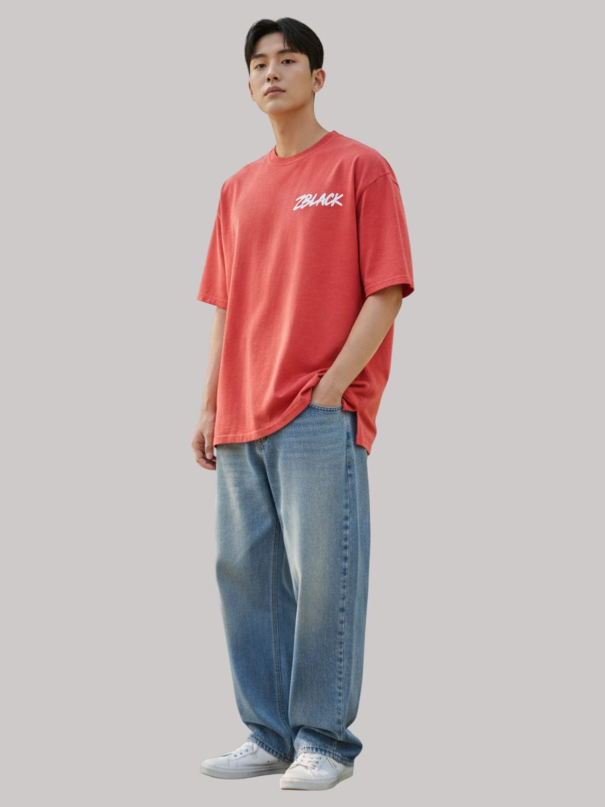지블랙(ZBLACK) 스프레인 프린트 오버핏 반팔 CORAL RED