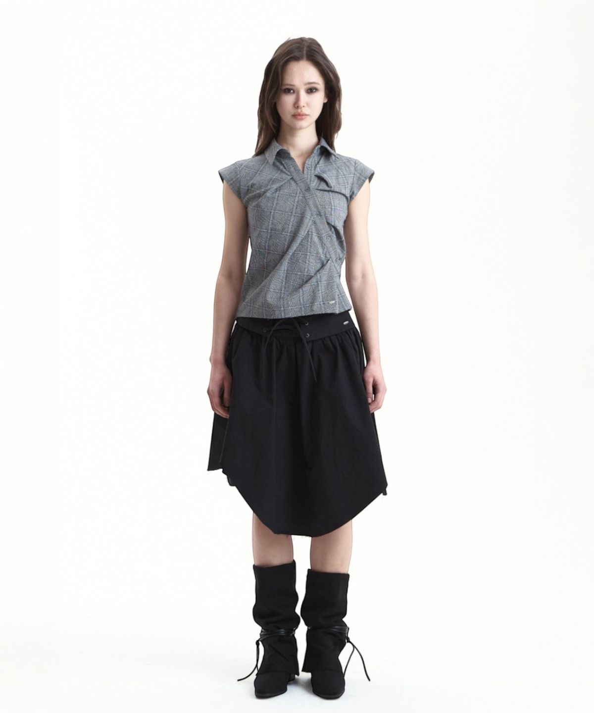 시너진(SYNERJYN) CHECK UNBALANCED PINTUCK SHIRT BLACK
