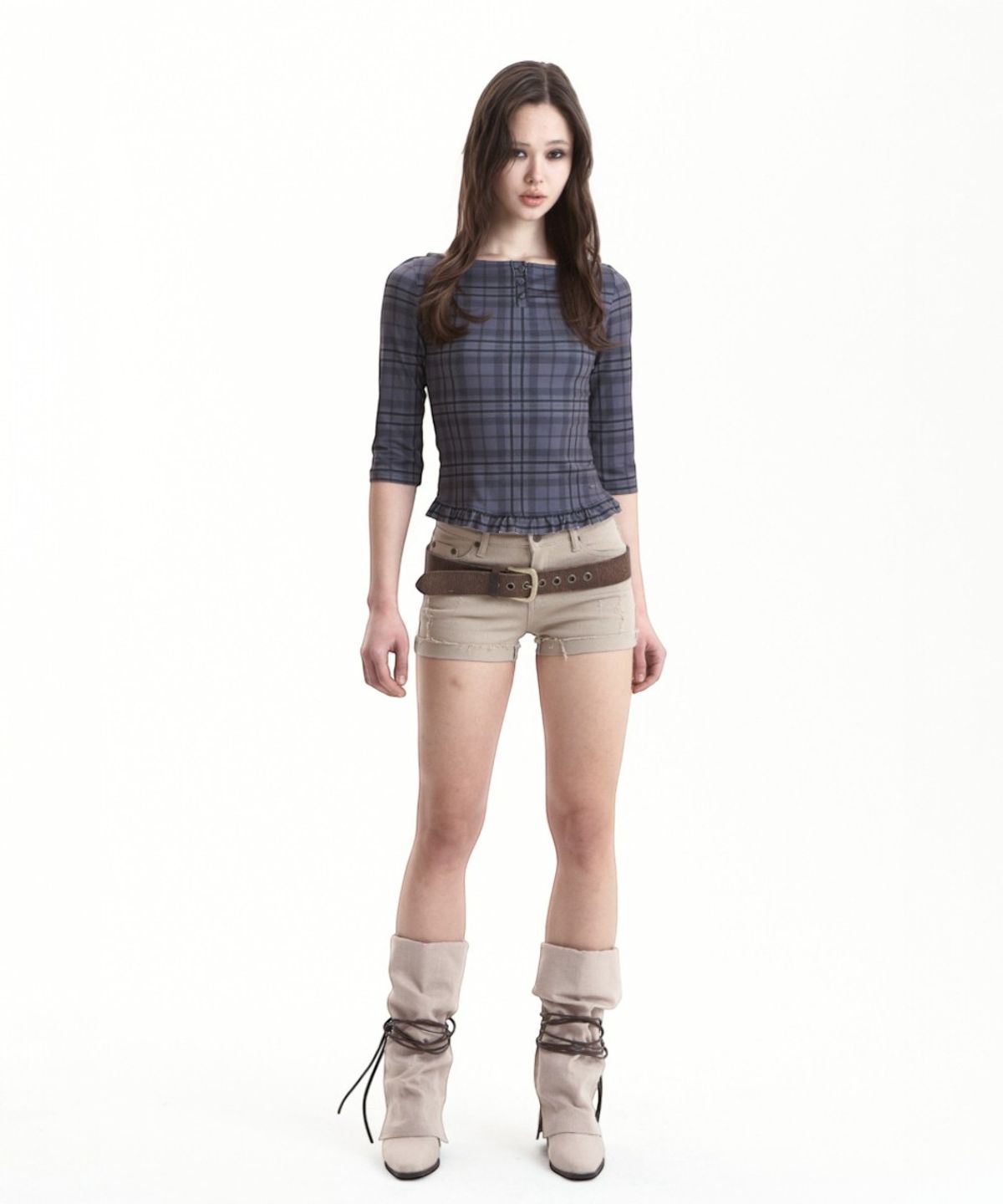 시너진(SYNERJYN) CHECK FRILL LONG SLEEVE GRAY