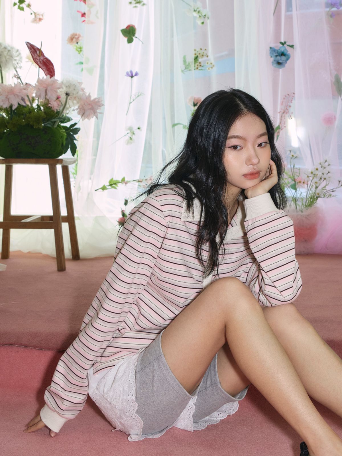 뽐므(POMME) 게더 스트라이프 폴로 셔츠(핑크)