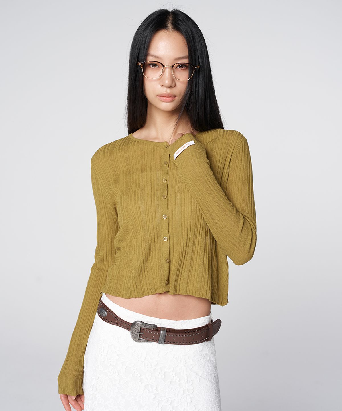 320쇼룸(320SHOWROOM) Linen Blend Ribbed Short Cardigan Olive green
