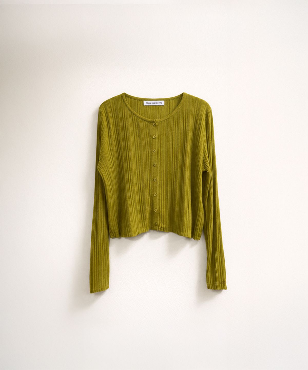 320쇼룸(320SHOWROOM) Linen Blend Ribbed Short Cardigan Olive green