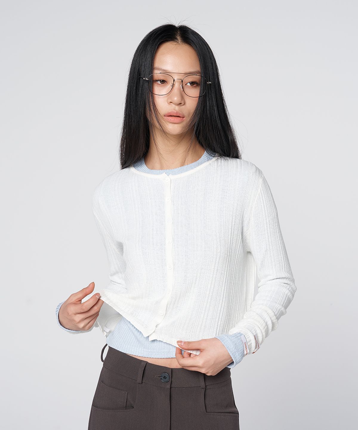 320쇼룸(320SHOWROOM) Linen Blend Ribbed Short Cardigan Ivory