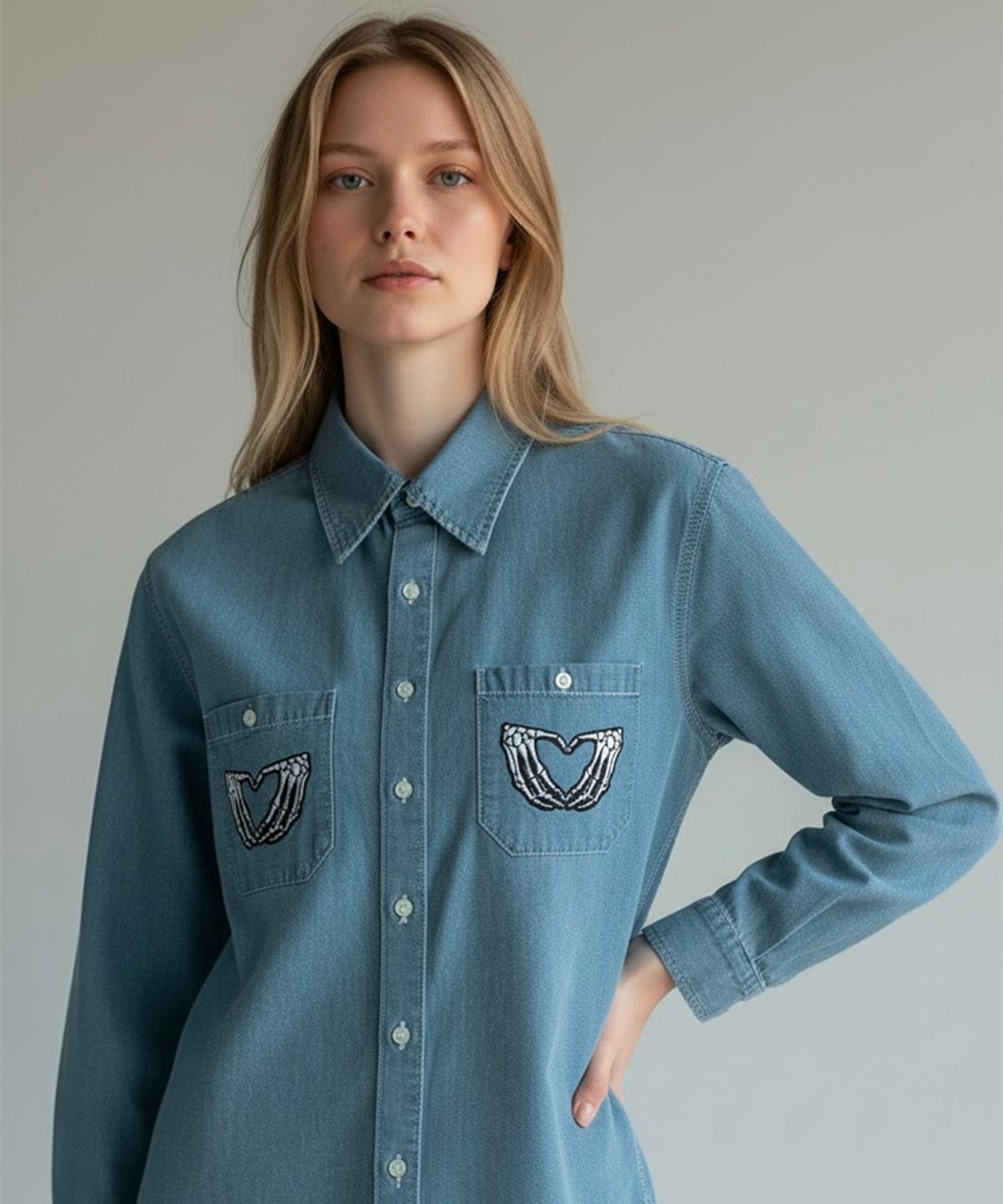 본슬리피(BORN SLIPPY) Dead Romance Pocket Denim Shirt (Light Blue)