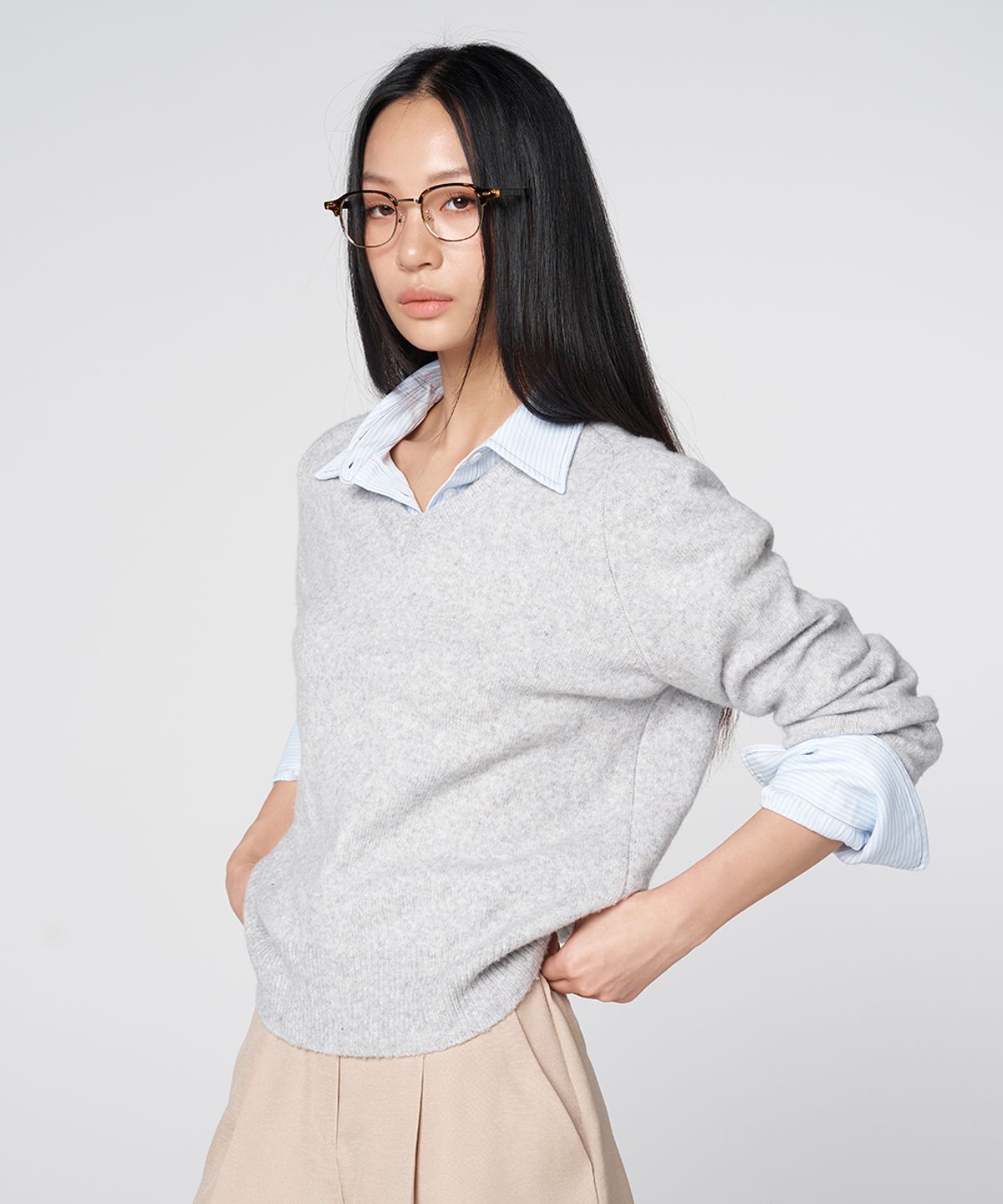 320쇼룸(320SHOWROOM) Contrast Stitch Stripe Cut-Off Short Shirt