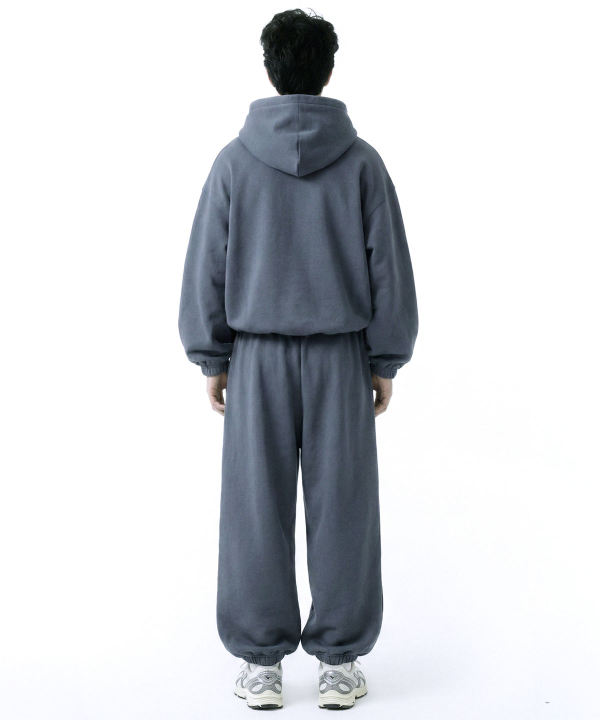 프리노어(PRINOAR) [set] 스포츠 스트링 오버핏 후드 + 원턱 와이드 팬츠 - 블루그레이