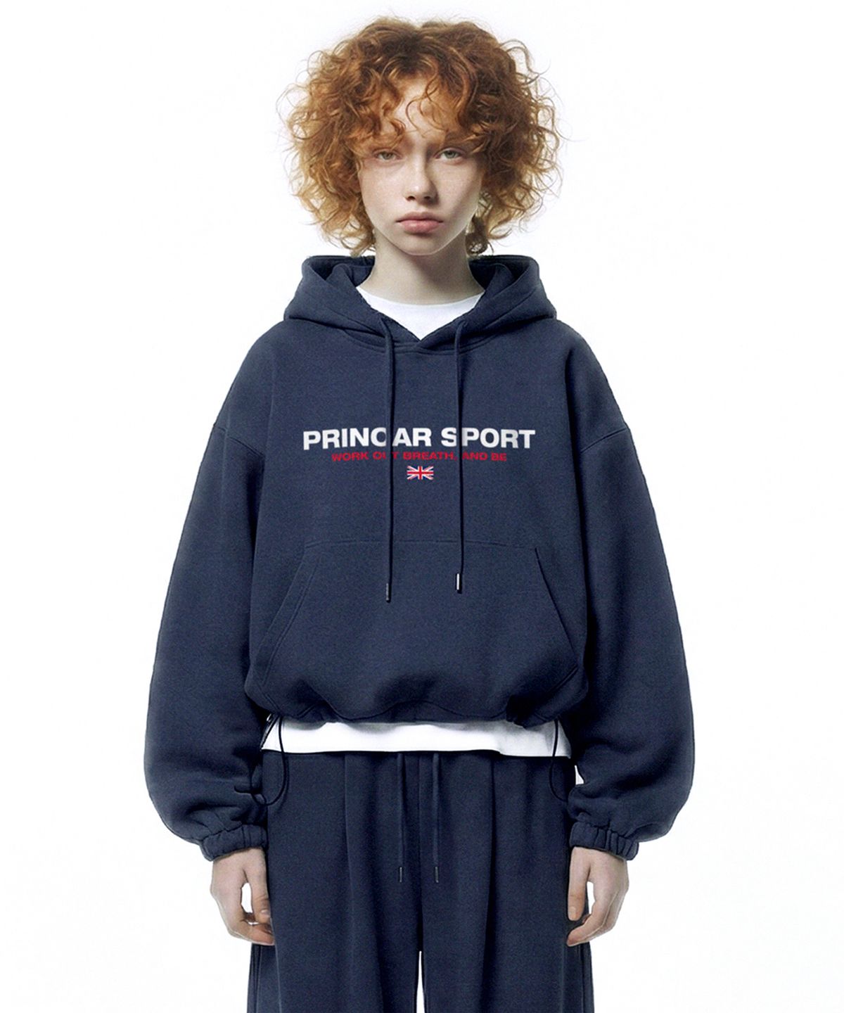 프리노어(PRINOAR) [기모선택] 스포츠 스트링 오버핏 후드 - 네이비