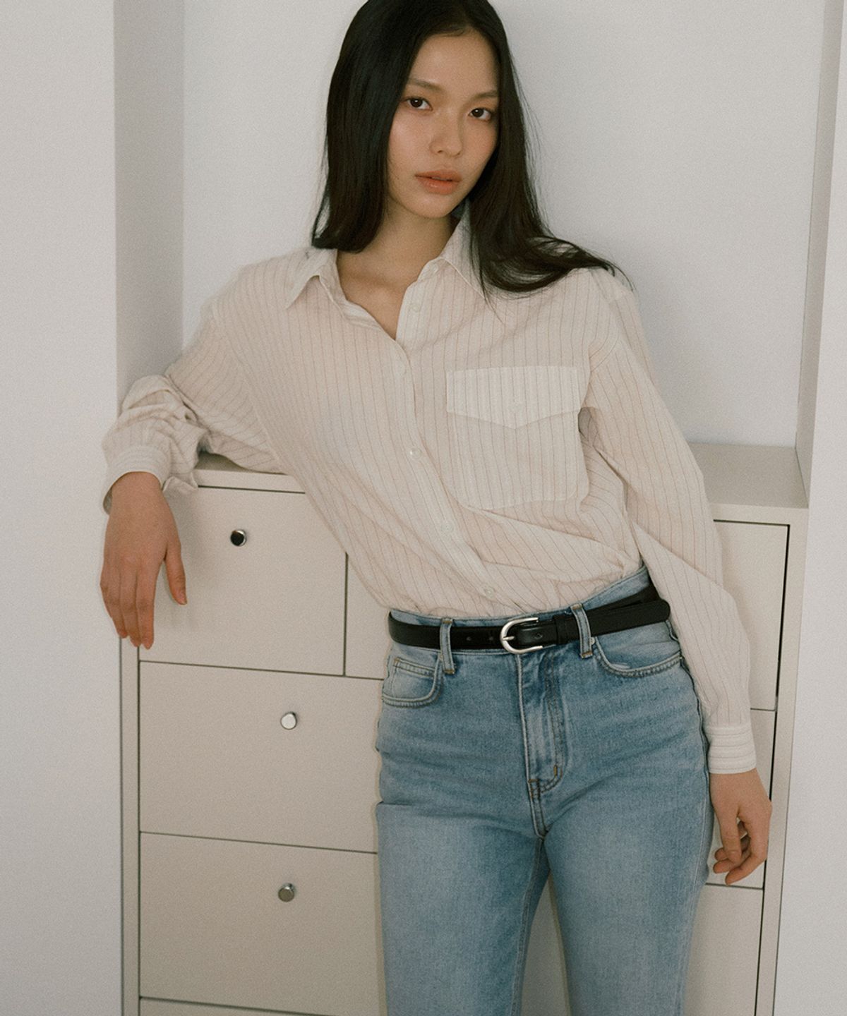 링서울(LINGSEOUL) stripe pocket shirt-beige
