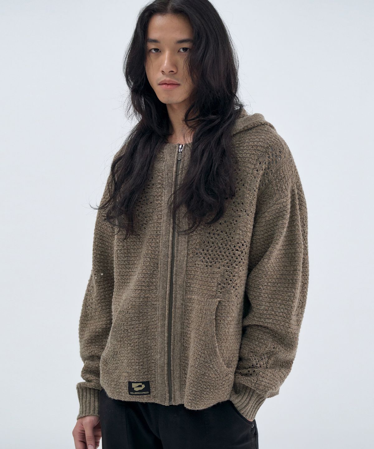 웰빙익스프레스(WELLBEING EXPRESS) Distressed Knit Zipup Hoodie Brown