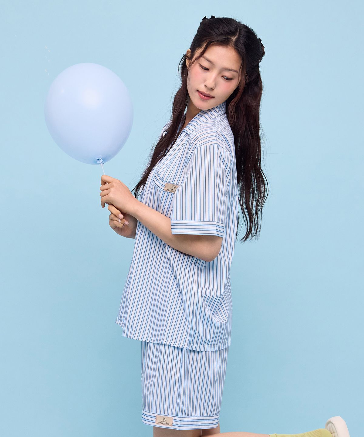핑크존(PINKZONE) (uni) 블레인 스트라이프 블루 반팔 카라 잠옷 세트